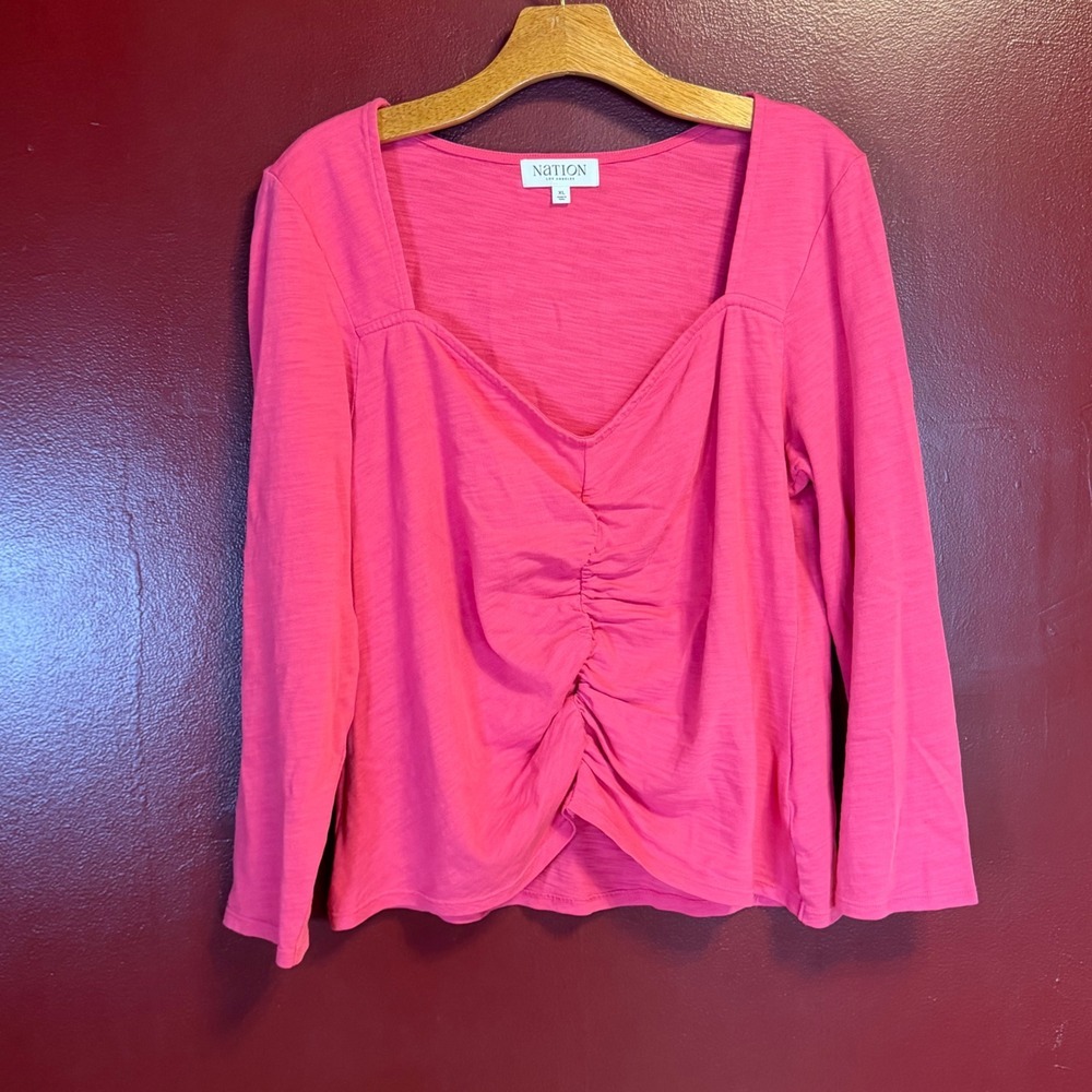 Nation LTD Pink Ruched Sweetheart Long Sleeve Top Size XL Coquette Twee Feminine